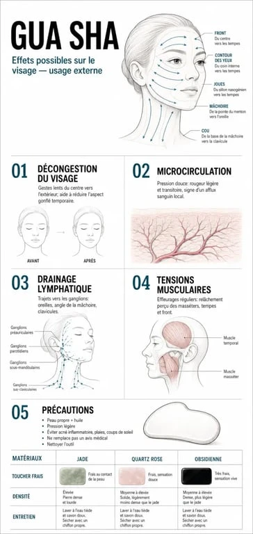 Infographie sur les gua sha bienfaits, avec les effets sur la peau, la circulation et la détente musculaire