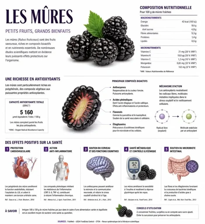 Infographie des bienfaits des mûres pour la santé et valeurs nutritionnelles