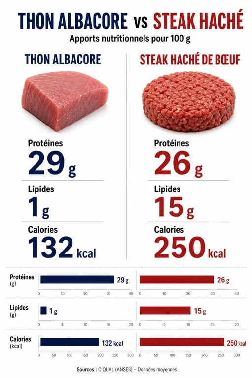 Comparaison nutritionnelle : protéines dans le thon vs steak haché