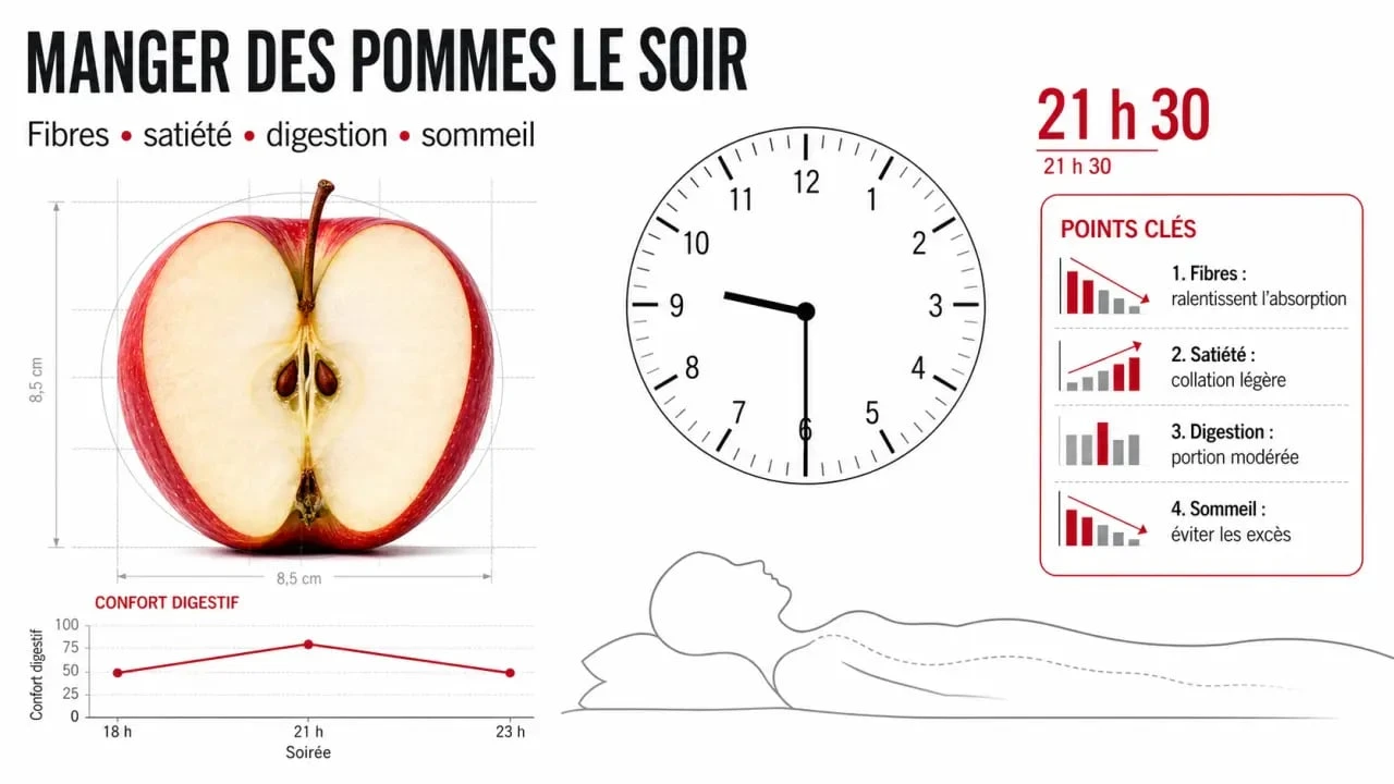 Manger pommes le soir : illustration santé sur les effets possibles sur la digestion, la satiété et le sommeil