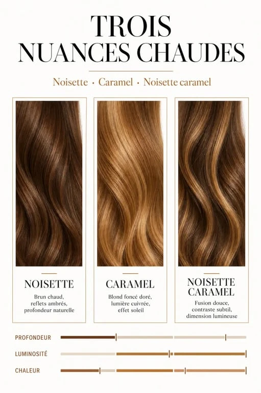 Comparatif visuel des nuances de couleur de cheveux noisette caramel pour choisir sa coloration idéale