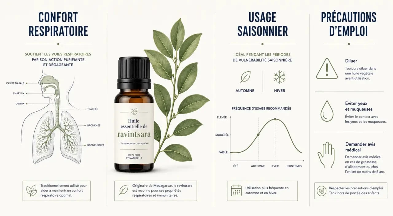 Infographie sur les bienfaits du ravintsara, usages respiratoires et précautions d’emploi