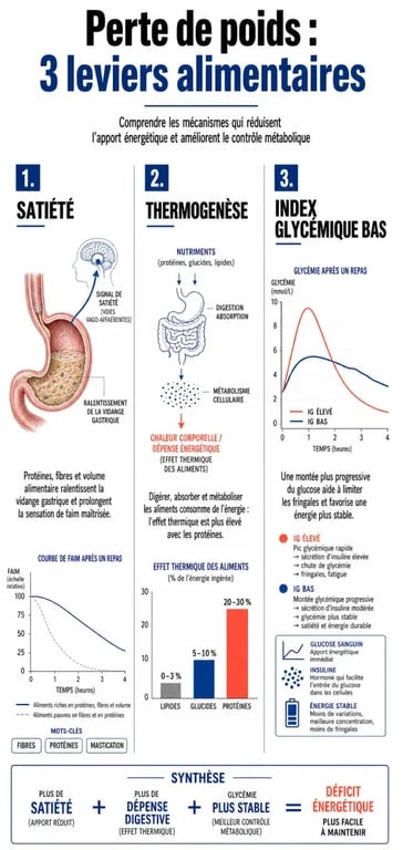 Infographie sur les mécanismes des aliments qui font maigrir : satiété, thermogenèse et index glycémique.