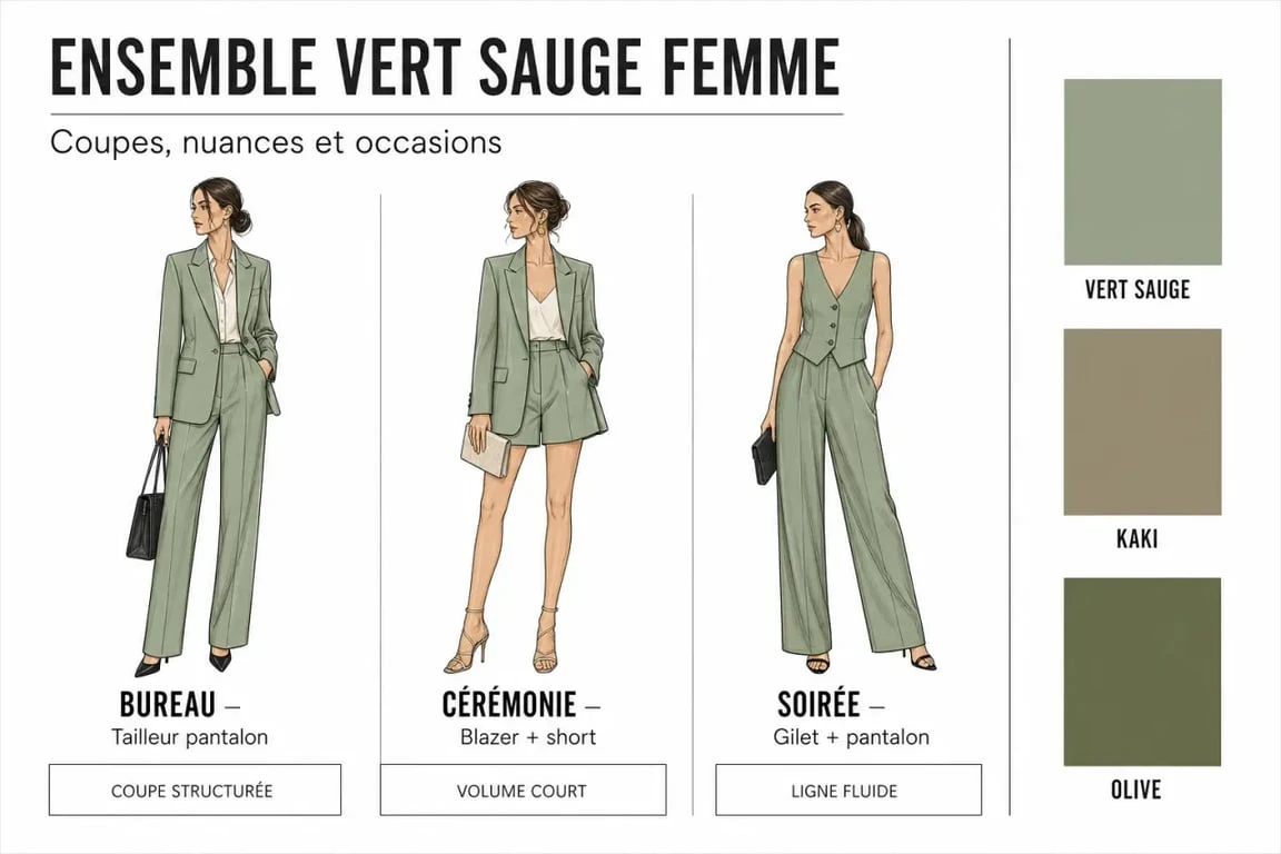 Illustration comparative de l’ensemble vert sauge femme avec coupes, occasions et nuances de vert sauge, kaki et olive