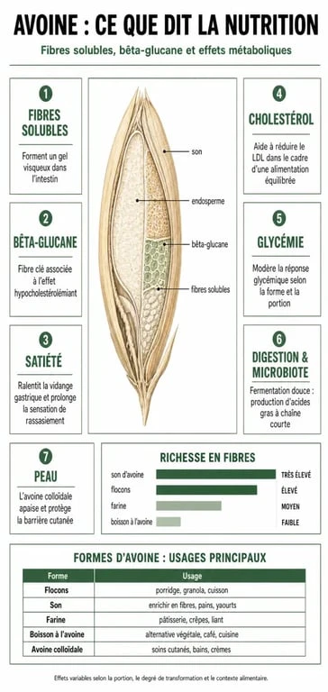 Infographie sur les bienfaits de l'avoine : fibres, satiété, cholestérol, glycémie et digestion
