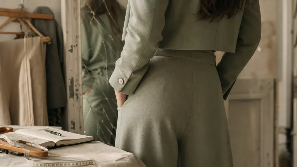 Ensemble vert sauge femme : blazer et pantalon large, vue dos devant miroir