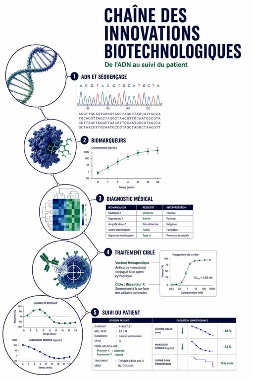 L'impact des innovations biotechnologiques sur la médecine moderne illustré par un schéma de diagnostic, de traitement et de suivi patient