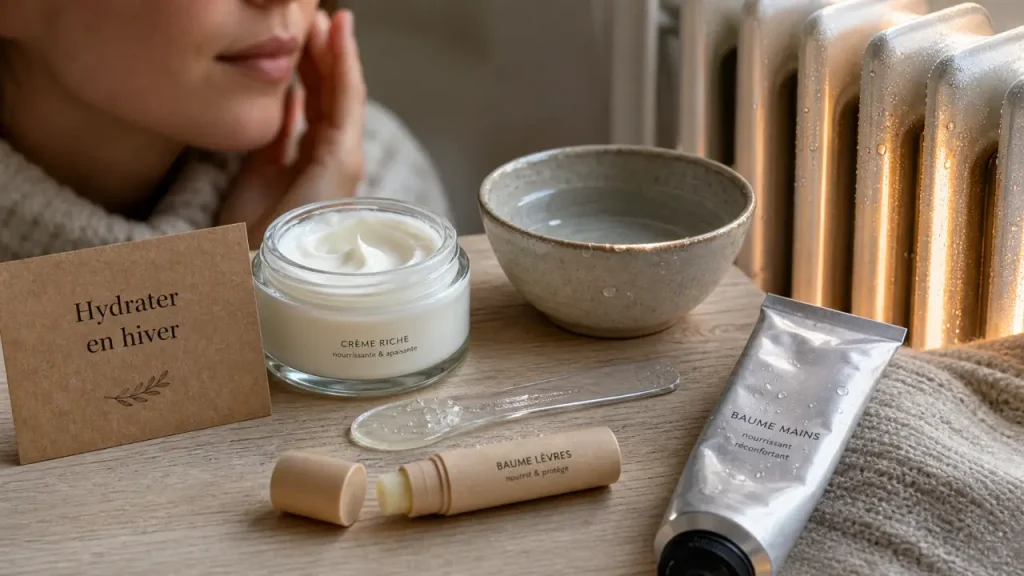 Hydrater sa peau en hiver : crème, sérum et baumes, près d’un radiateur