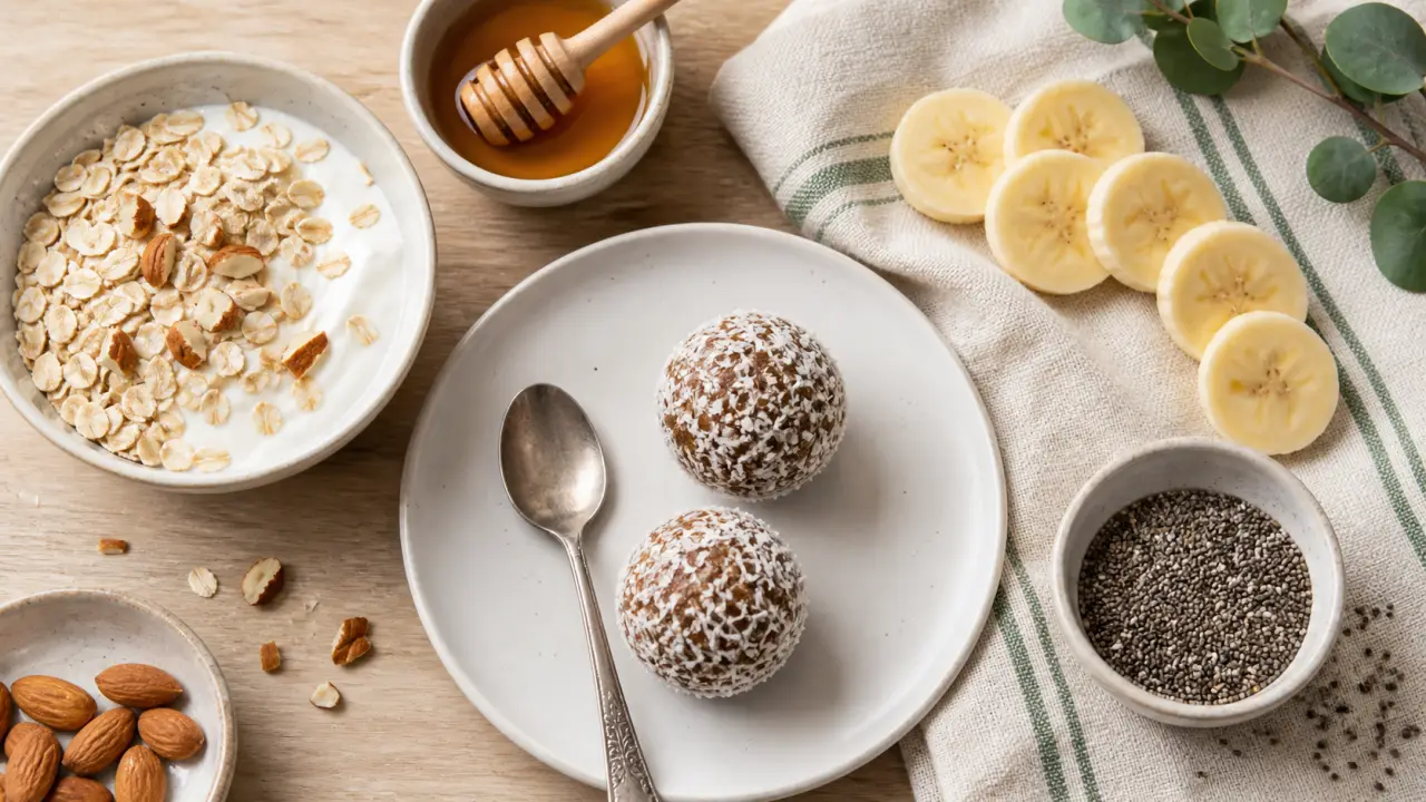 Idées de collations saines : energy balls banane-avoine, skyr et amandes, riches en protéines et fibres