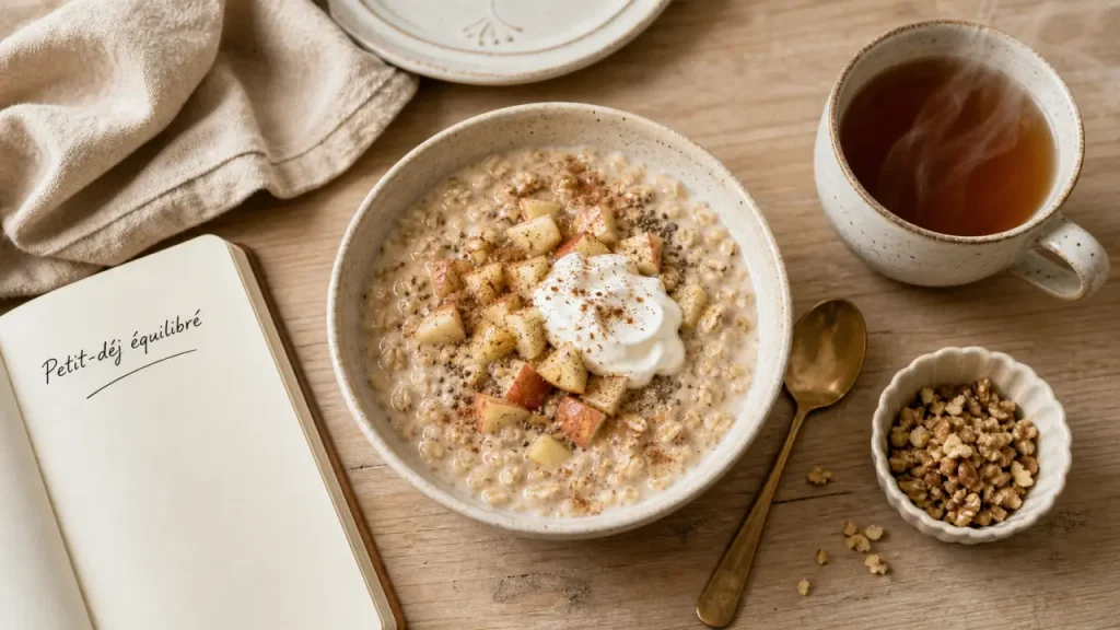Idées de petit-déjeuner équilibré : porridge pomme-cannelle au skyr et chia