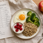 Les 20 aliments qui font maigrir : assiette œuf brocoli quinoa, yaourt grec, pomme, porridge, chia