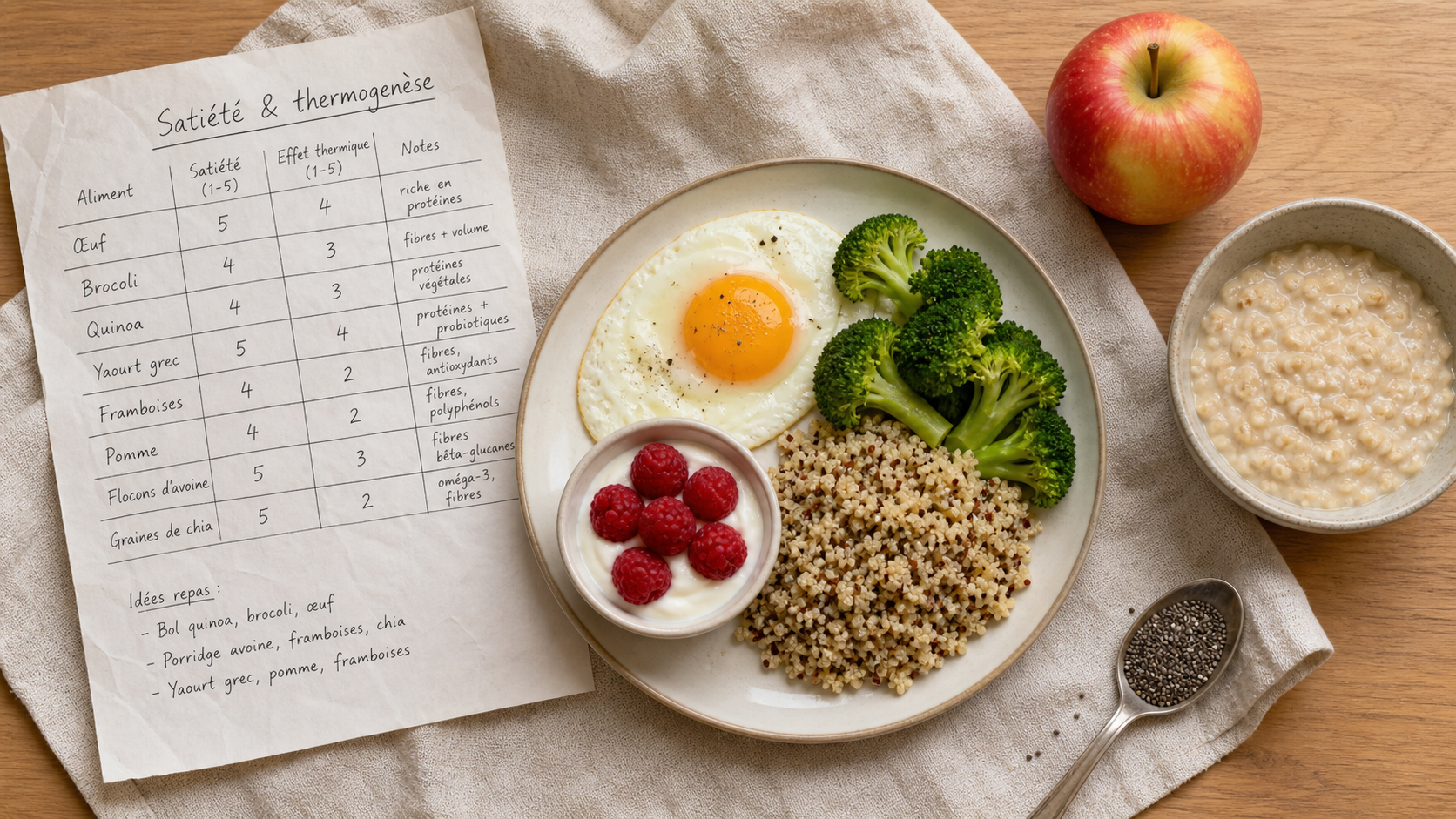 Les 20 aliments qui font maigrir : assiette œuf brocoli quinoa, yaourt grec, pomme, porridge, chia