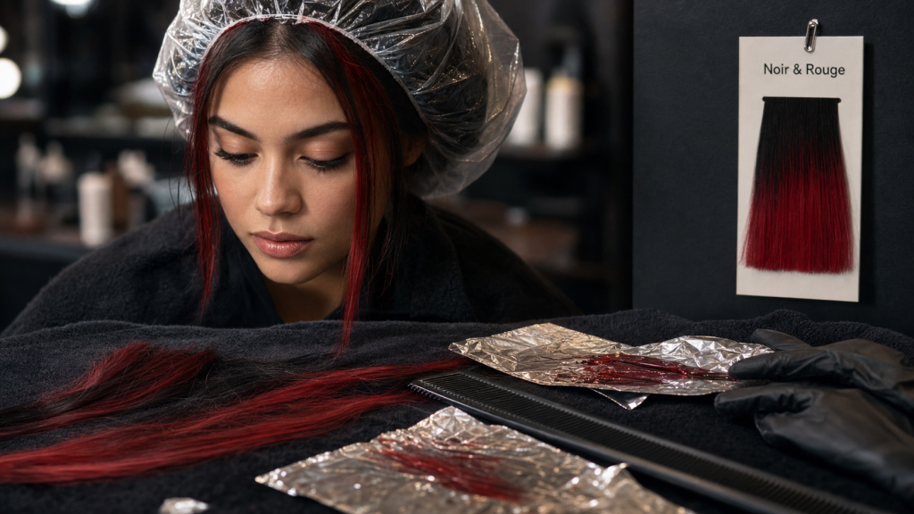Mèches rouge sur cheveux noir : mèches acajou visibles en section fine