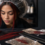 Mèches rouge sur cheveux noir : mèches acajou visibles en section fine