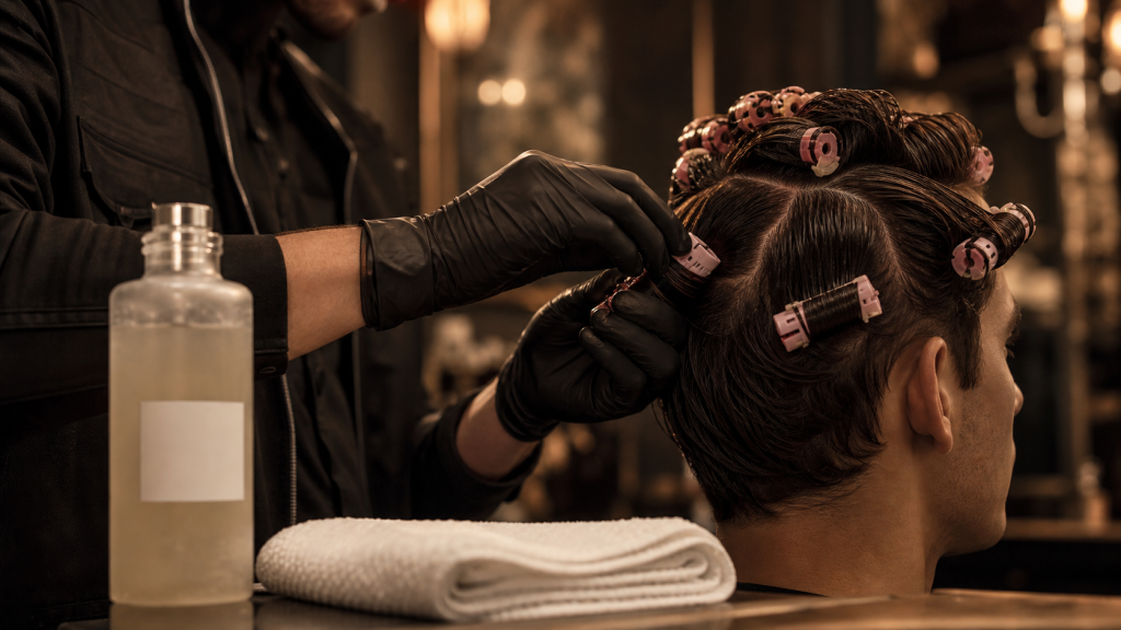 Permanente cheveux homme : boucles sur bigoudis