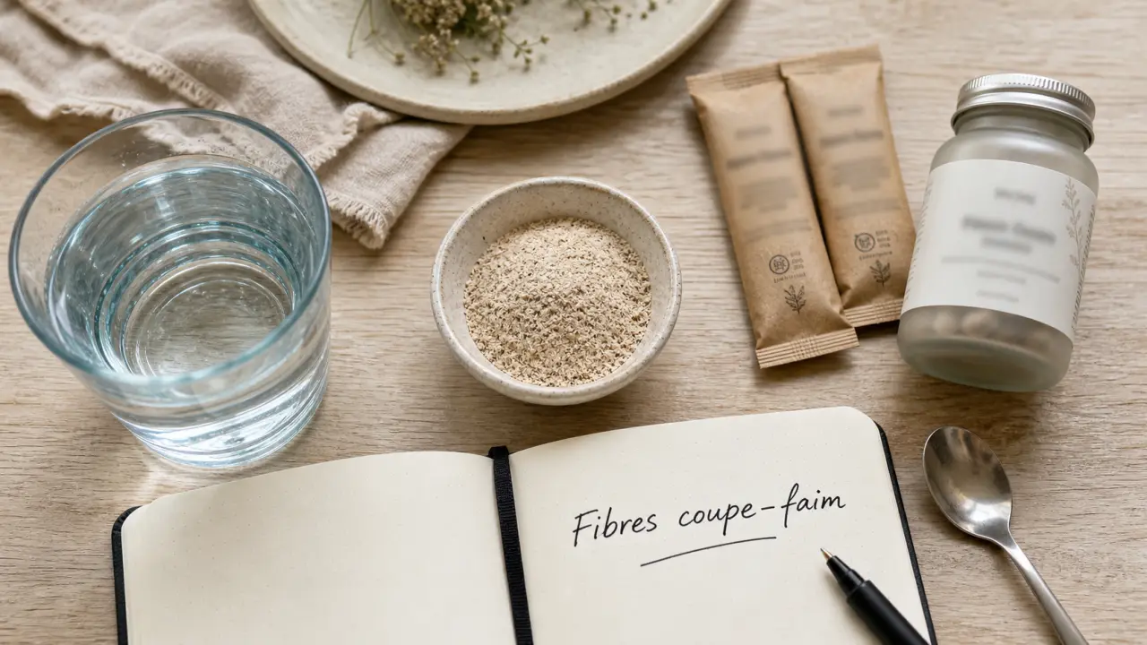 Plante coupe faim : fibres de glucomannane en bol, eau et sachets