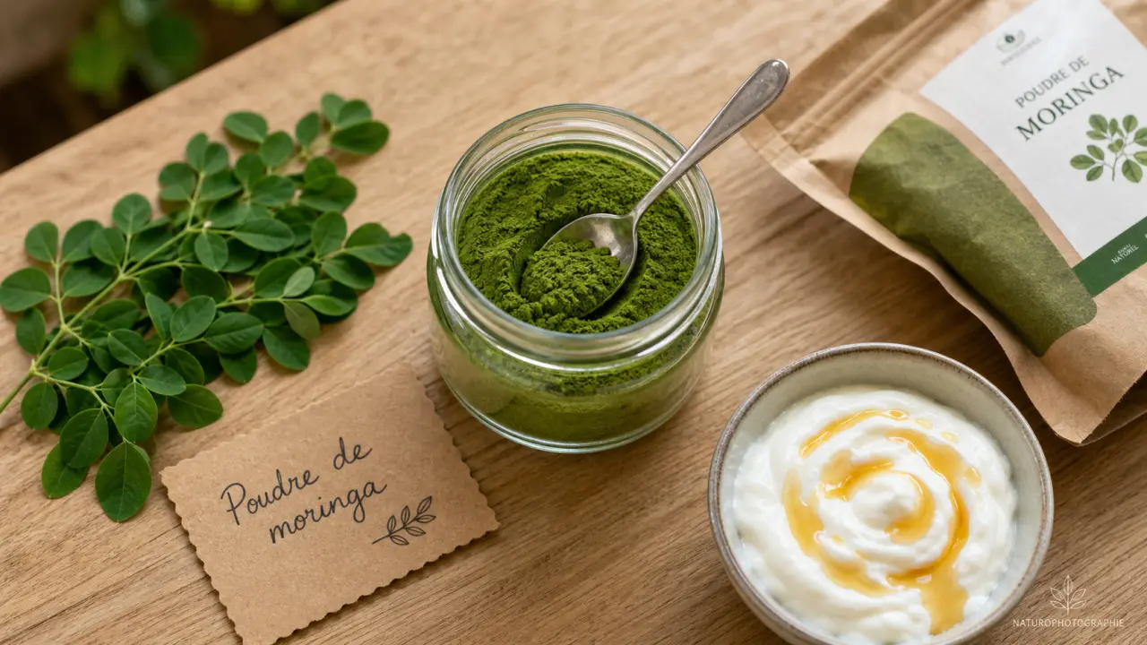 Poudre de moringa bienfait : bol et pot de poudre verte