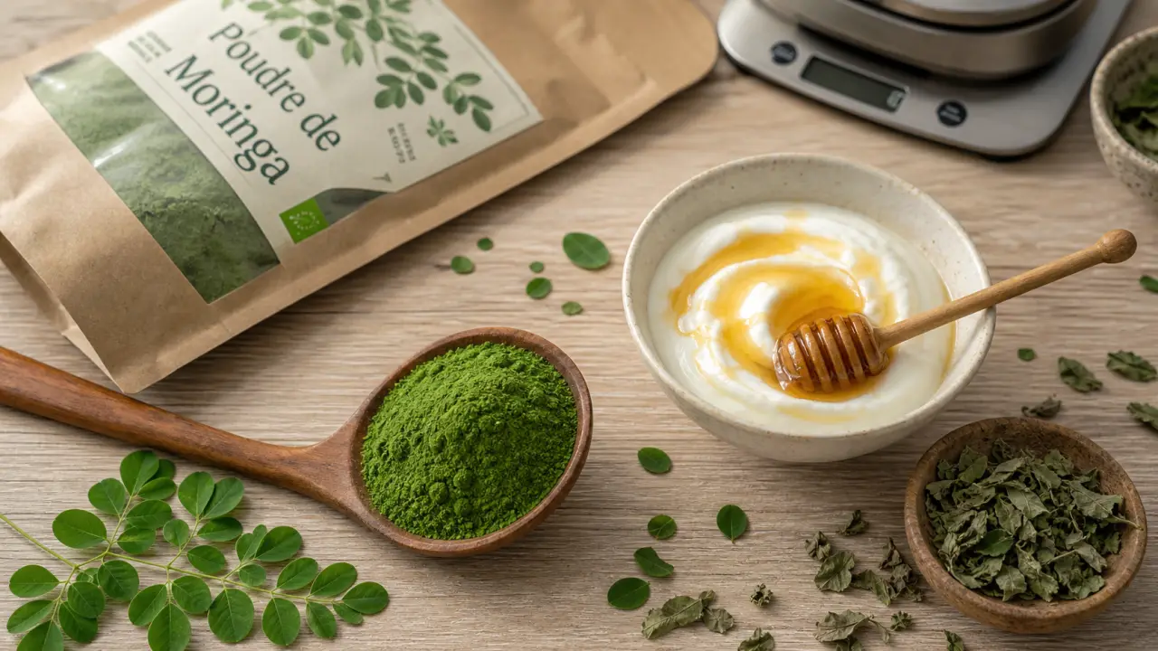Poudre de moringa bienfait : cuillère de poudre verte sur table en bois