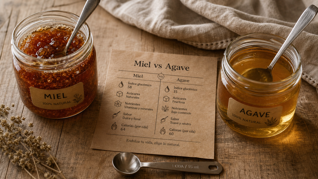 Sirop d agave ou miel : bocaux de miel et sirop d’agave sur table, index glycémique bas