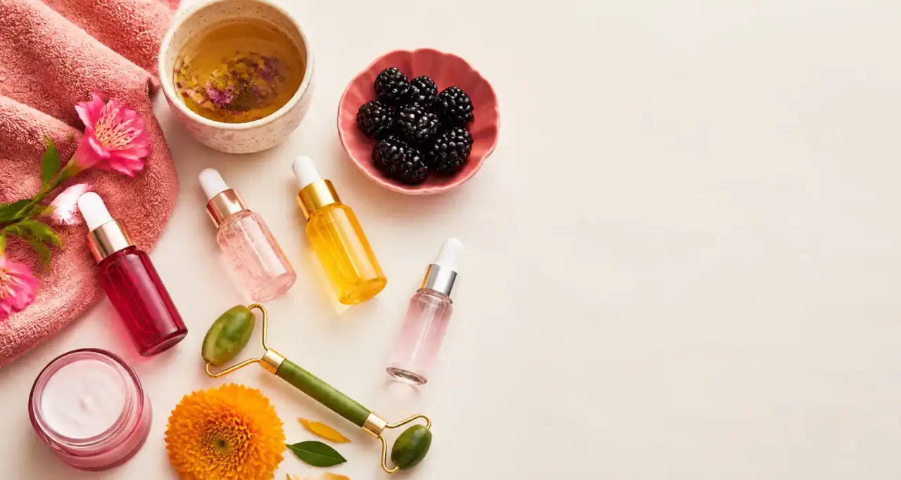 Sélection de produits beauté et bien-être en flat-lay : sérums, rouleau de jade, mûres fraîches et tisane sur fond clair
