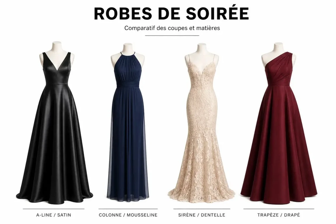 Sélection de robes de soirée chic et classe en vue comparative des coupes, matières et couleurs