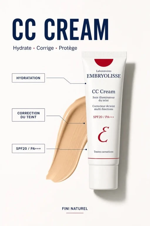 Embryolisse cc cream avis : tube du produit et texture avec rendu soin-correction
