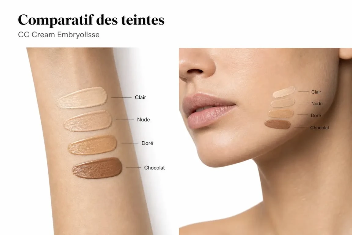 Embryolisse cc cream avis : swatches des teintes Clair, Nude, Doré et Chocolat