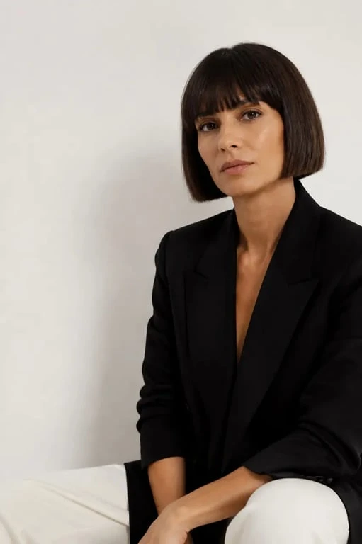 Coupes carré frange : carré court net avec frange pleine en photo éditoriale