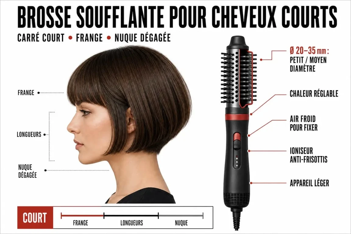 Infographie sur brosse soufflante cheveux courts : diamètres, réglages de chaleur et gestes clés