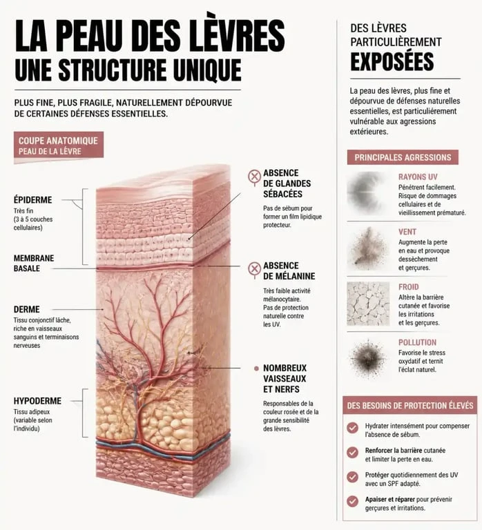 Infographie sur la structure fragile de la peau des lèvres et l'importance du baume pour les lèvres