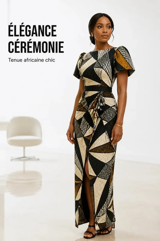 Robe africaine chic portée pour une cérémonie avec accessoires élégants