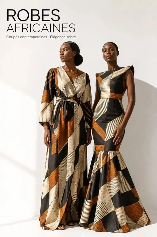 Robe africaine portée dans un look éditorial montrant plusieurs coupes et styles