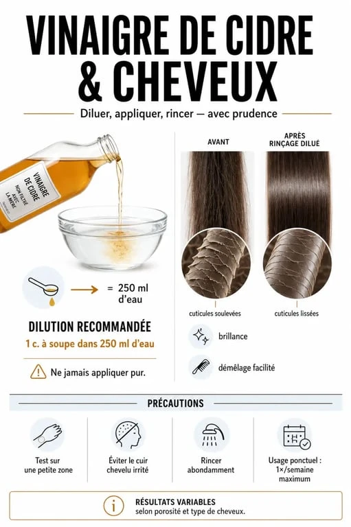 Infographie vinaigre de cidre et cheveux : dilution, brillance et précautions