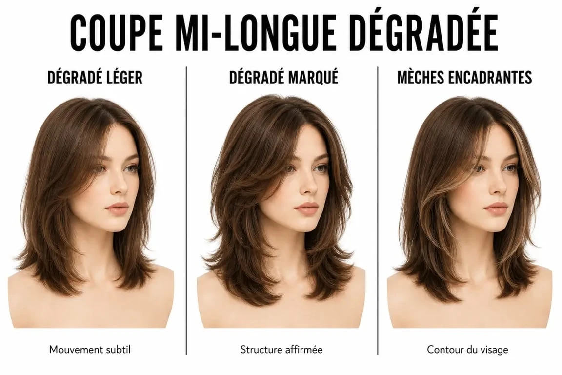 Moderne coupe femme mi long dégradé en comparaison des variantes dégradé léger, dégradé marqué et mèches encadrantes