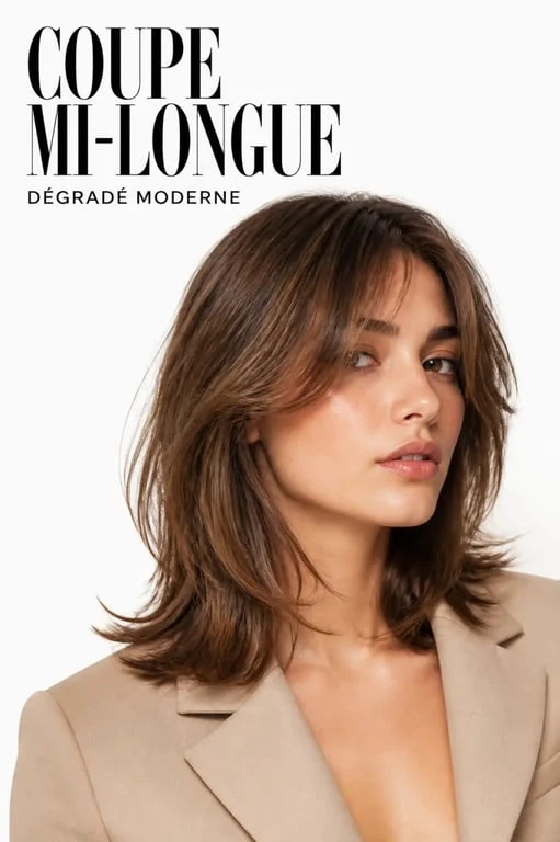 Moderne coupe femme mi long dégradé sur femme aux cheveux souples avec frange rideau et mouvement naturel