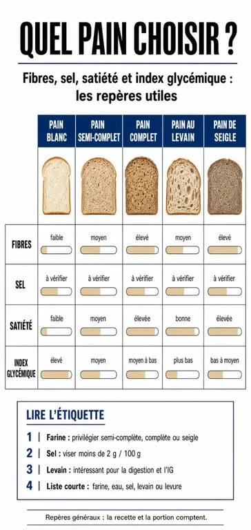 Quel pain manger : infographie comparative entre pain blanc, complet, semi-complet, levain et seigle
