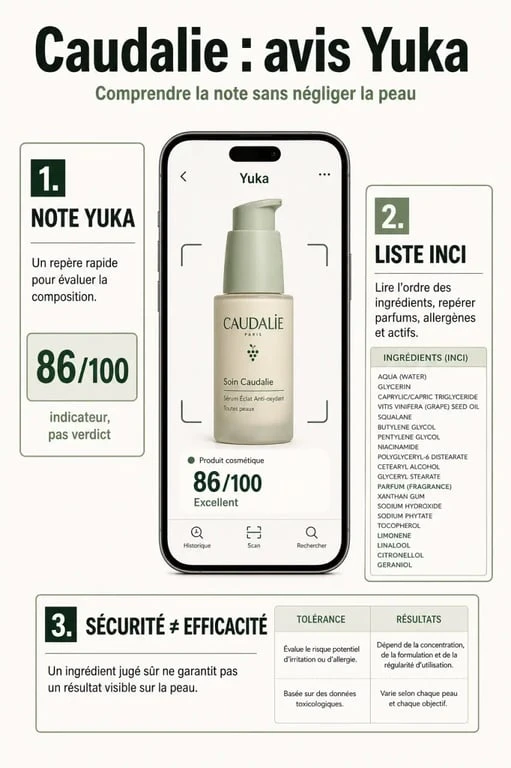Caudalie avis yuka : infographie éditoriale sur la note Yuka, la composition INCI et les critères à vérifier produit par produit