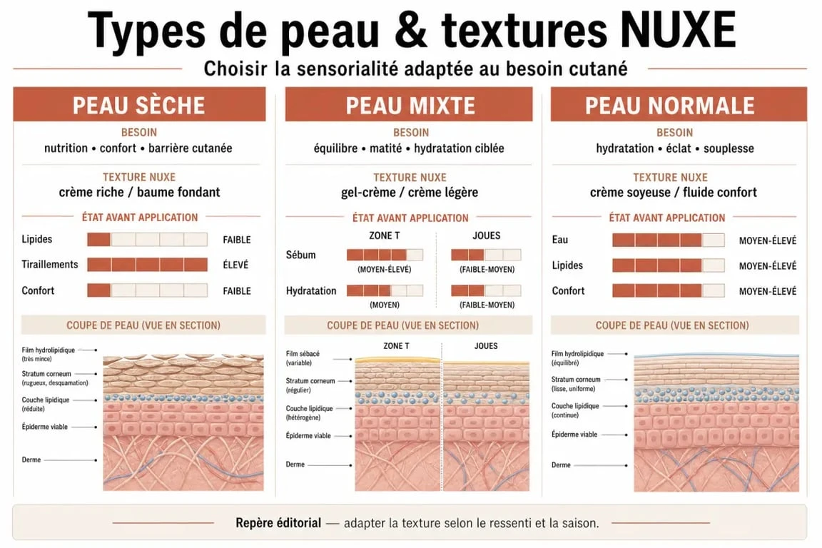 Tableau comparatif des textures de crème hydratante NUXE selon le type de peau