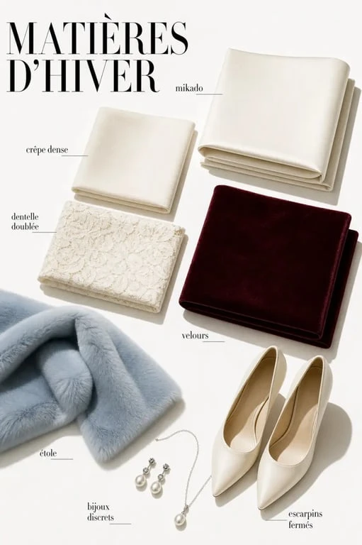 Mariage hiver robe : matières mikado, crêpe, dentelle doublée et velours avec accessoires élégants