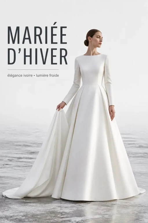 Mariage hiver robe : mariée en robe ivoire structurée avec cape dans un décor hivernal