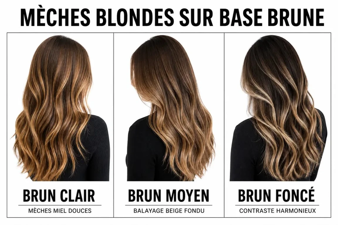 Mèche blonde sur du brun : trois rendus comparatifs sur brun clair, brun moyen et brun foncé