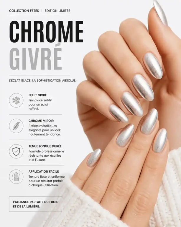 Manucure ongle de noel 2025 avec effet chrome givré sophistiqué