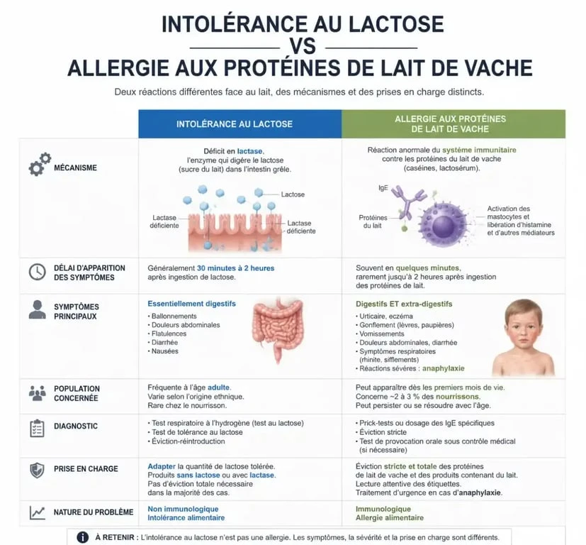 Tableau comparatif : intolérance au lactose vs allergie aux protéines de lait de vache