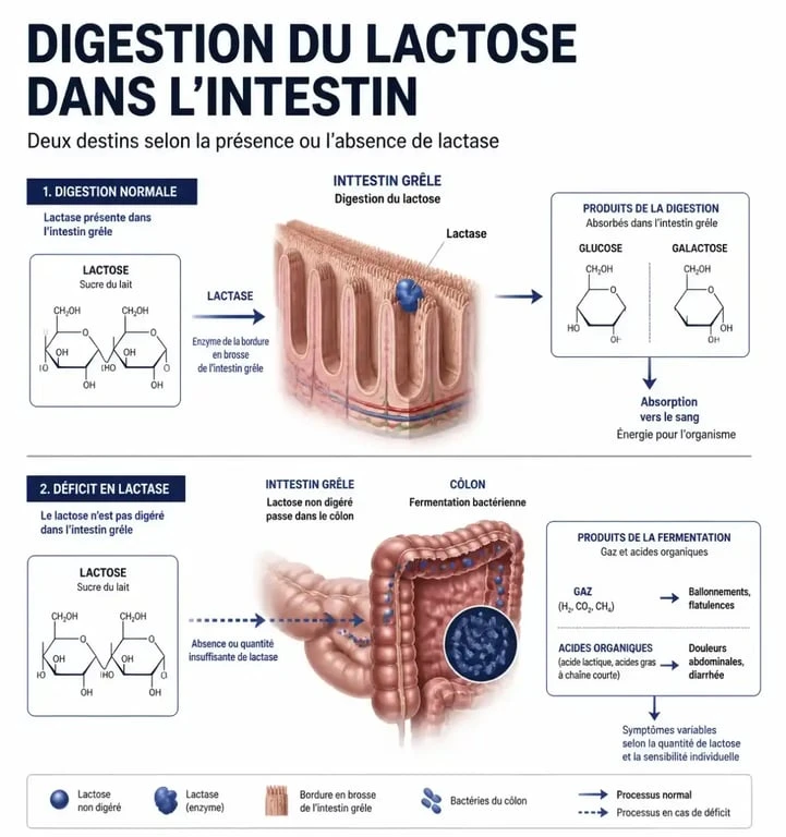 Schéma explicatif du mécanisme de l'intolérance au lactose et de la fermentation intestinale