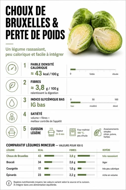 Infographie sur les choux de Bruxelles pour maigrir avec calories, fibres, indice glycémique et conseils de cuisson légère