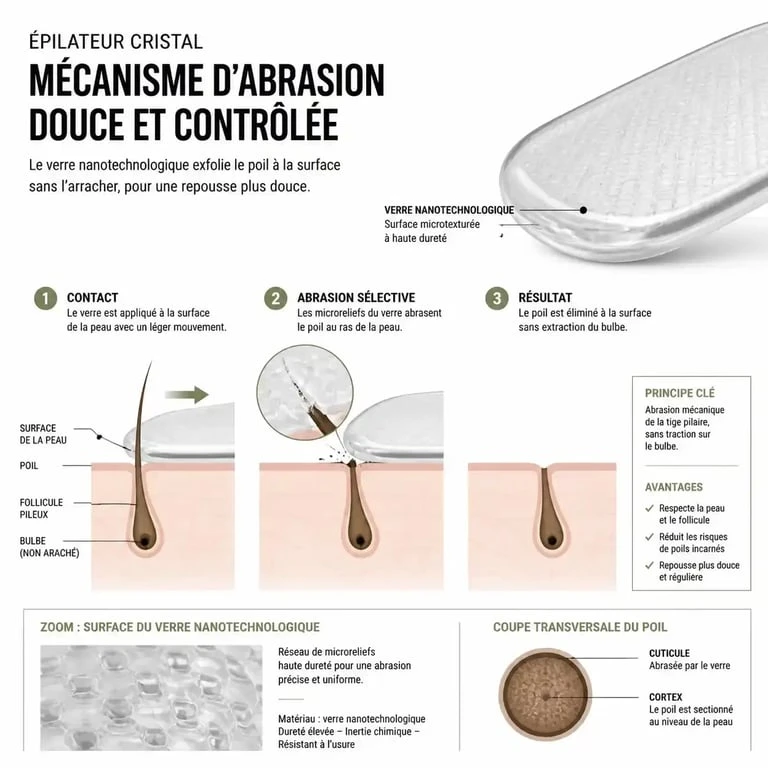 Schéma explicatif du fonctionnement de l'épilateur cristal par abrasion cutanée.