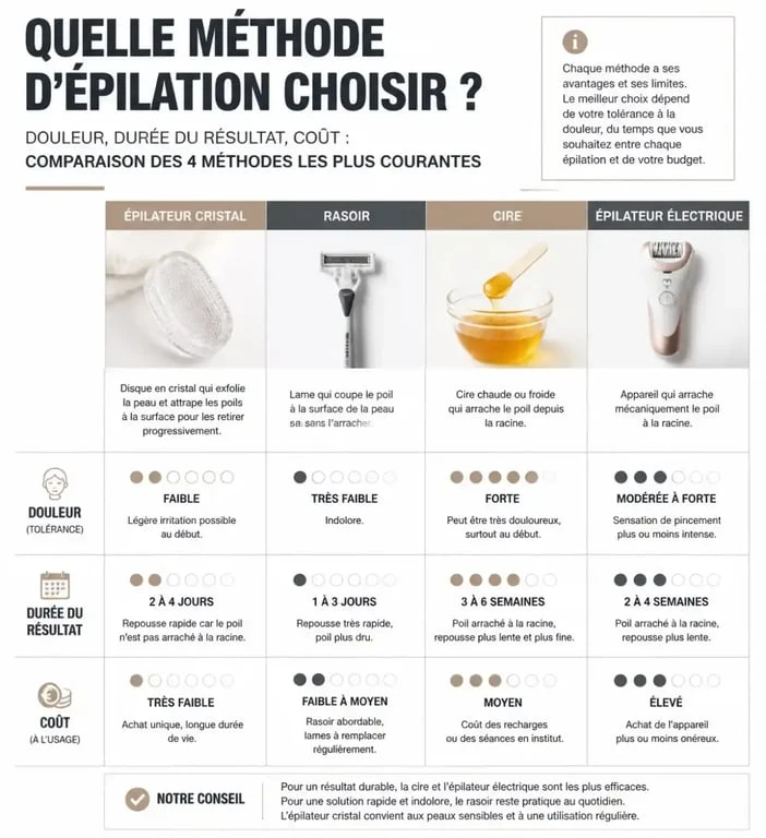 Tableau comparatif des méthodes d'épilation incluant l'épilateur cristal pour choisir la meilleure solution.