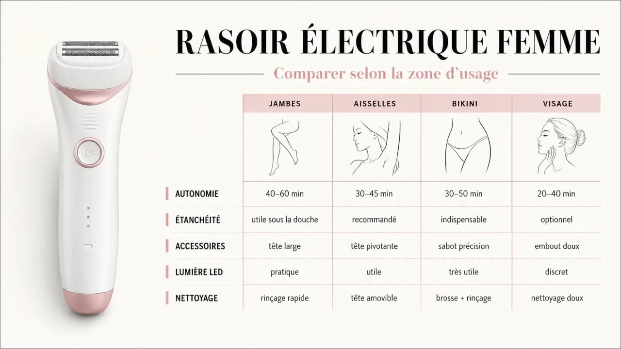 Comparatif visuel d’un rasoir électrique pour femme selon les zones d’usage et les critères d’achat