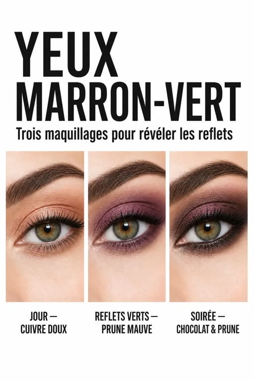 Yeux marron vert quel maquillage : trois looks éditoriaux prune, cuivre et bronze pour mettre en valeur les reflets verts