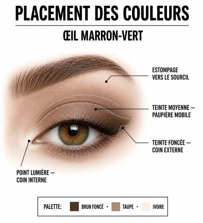 Yeux marron vert quel maquillage : placement des couleurs pour un dégradé du foncé vers le clair